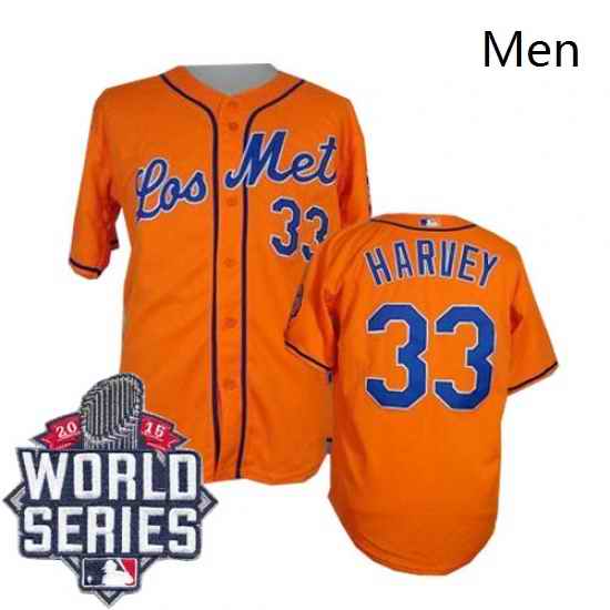 Mens Majestic New York Mets 33 Matt Harvey Replica Orange Los Mets Cool Base 2015 World Series MLB Jersey